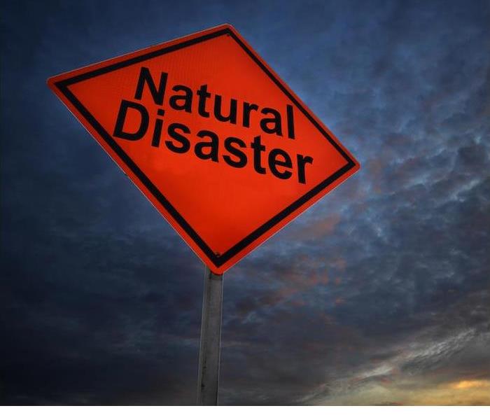 large red diamond shape sign with Natural Disaster written in large black print